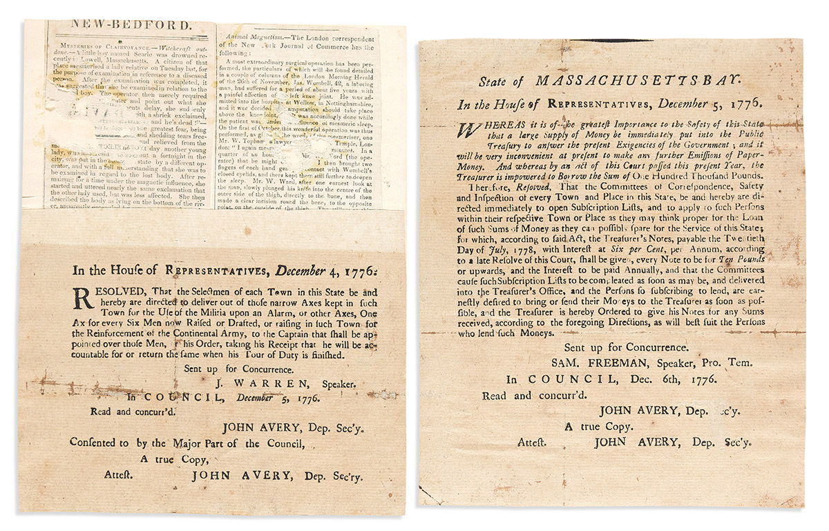 (AMERICAN REVOLUTION--1776.) Pair of Massachusetts House of Representatives resolutions on the war.